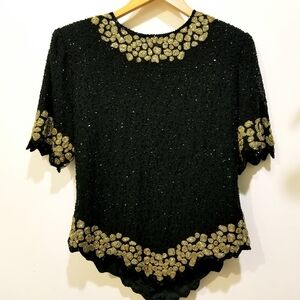 Laurence Kazar Heavily Beaded Black Gold Sequin Blouse XL Formal Vintage 80's